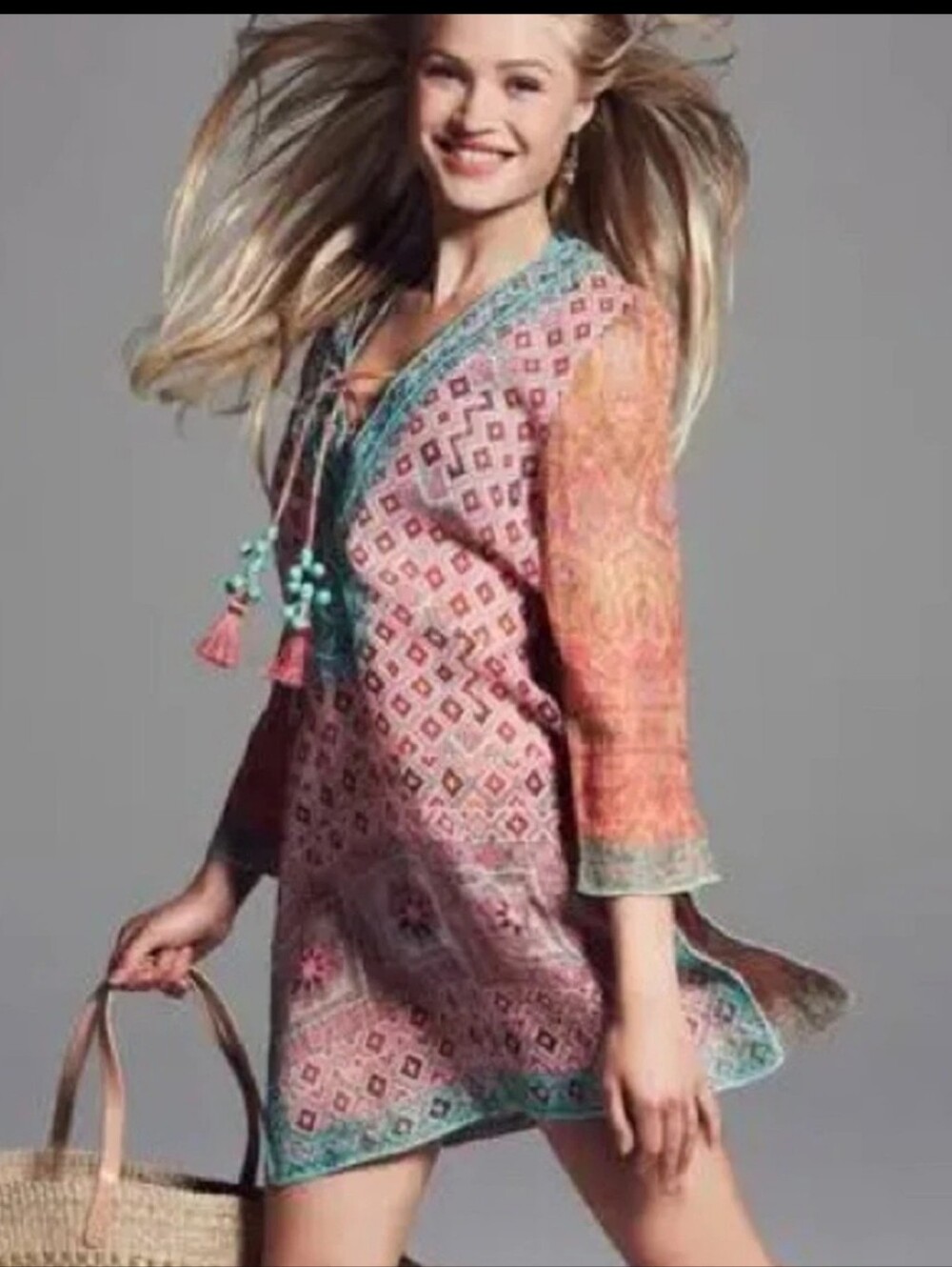 Calypso St Barts Boho Printed Tunic Cover Up Sheer Dress Coral& Turquoise Sz L